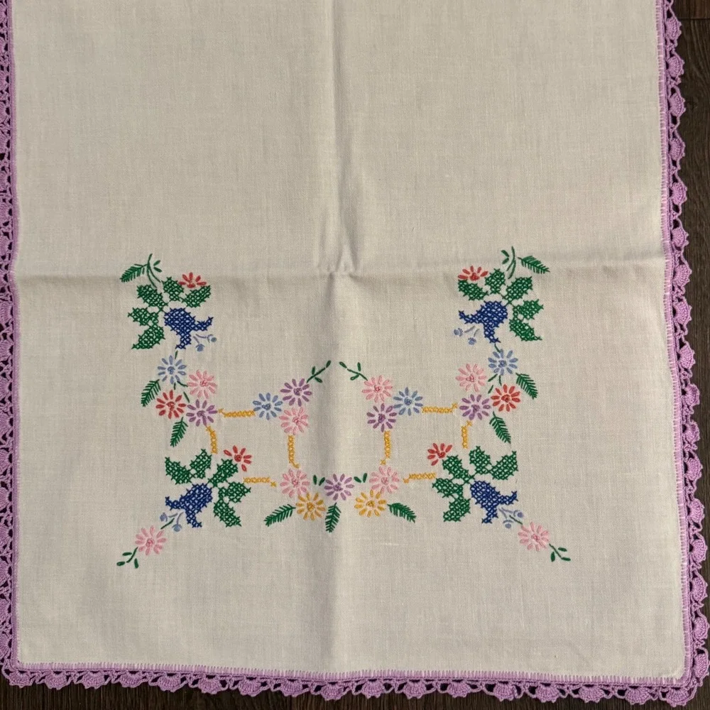 Vintage 42 X 19 Embroidered Floral Cross Stitch Table Runner Purple Crochet Trim